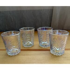 Set of 4 Iridescent Shot Glasses Starburst Pressed Glass Vintage